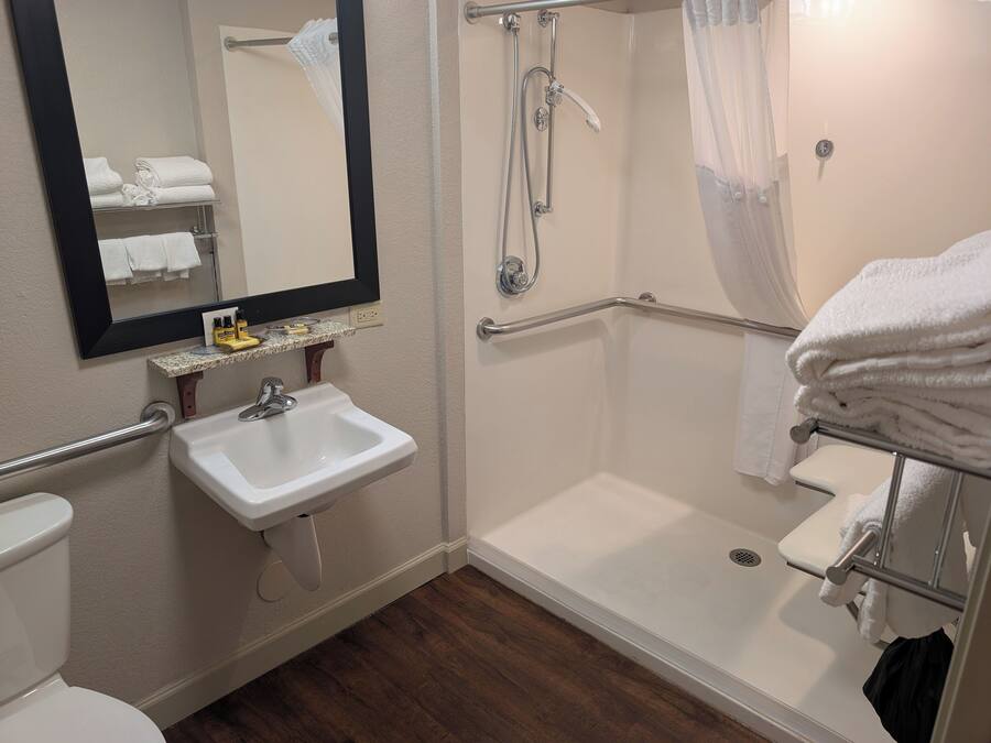 A bathroom with a white sink, a mirror, a shower with a grab bar, and a toilet.