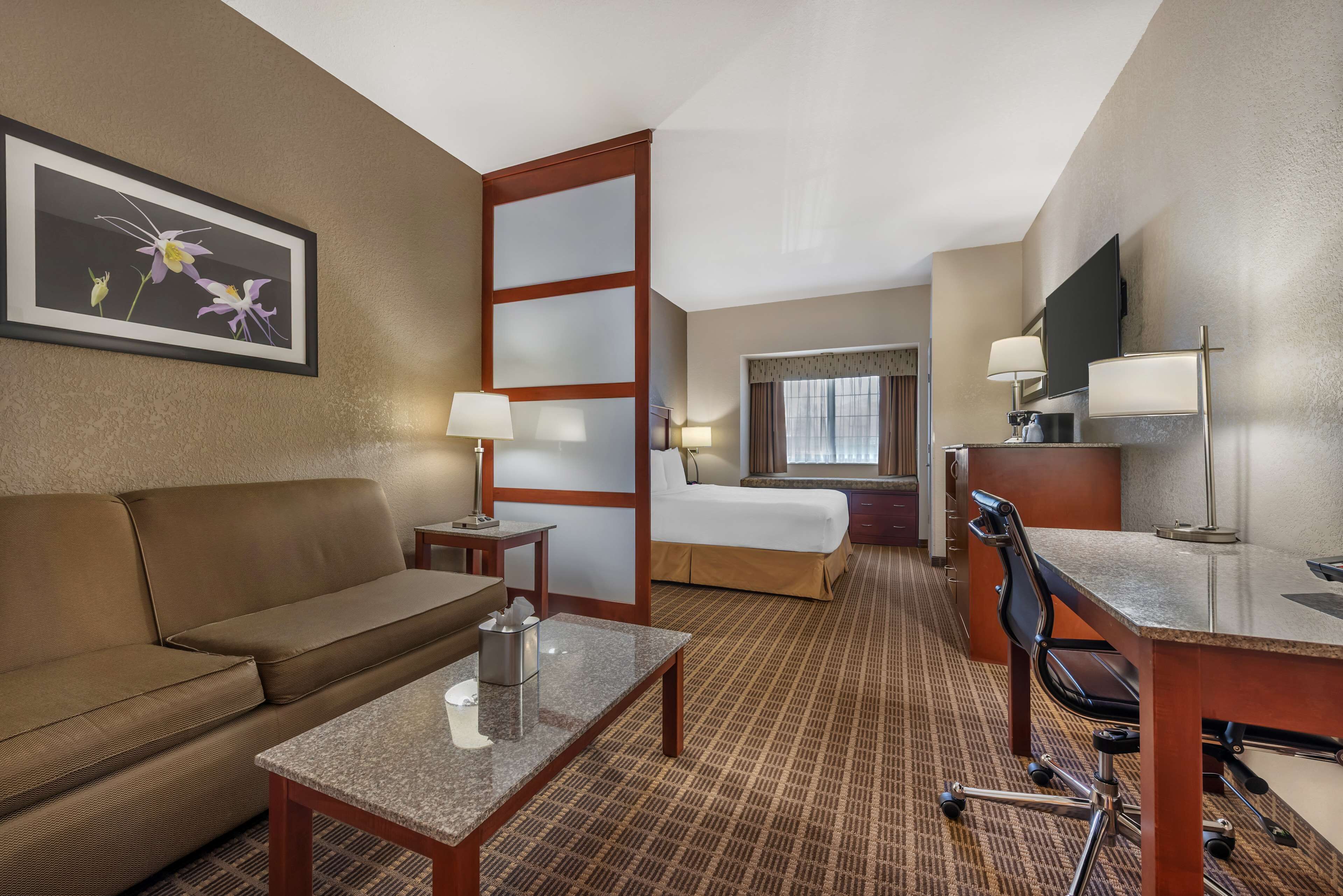 A hotel room with a sofa, a desk, a bed, a TV, and a painting on the wall.