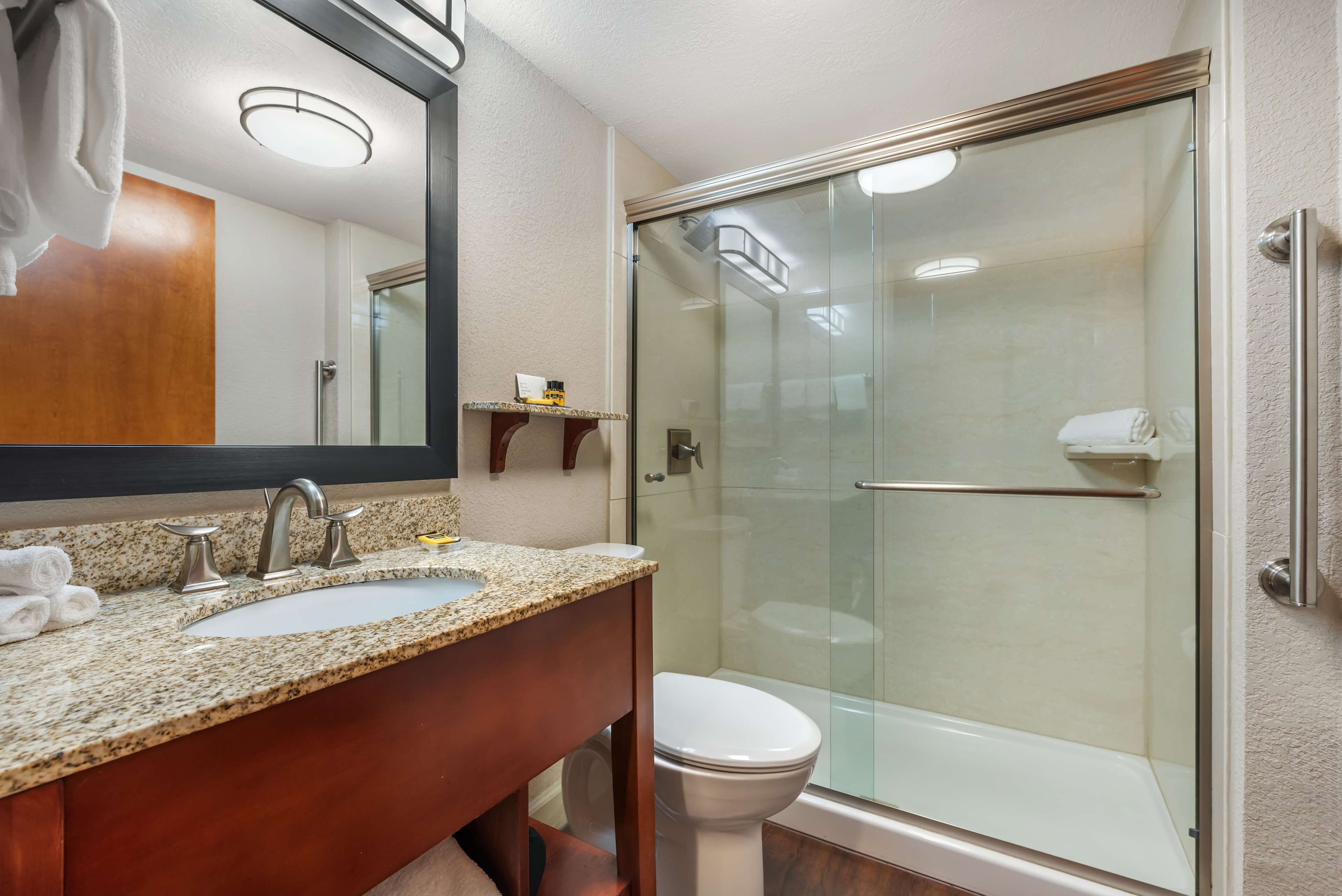 A bathroom with a granite countertop sink, a mirror, a glass-enclosed shower, and a white toilet.