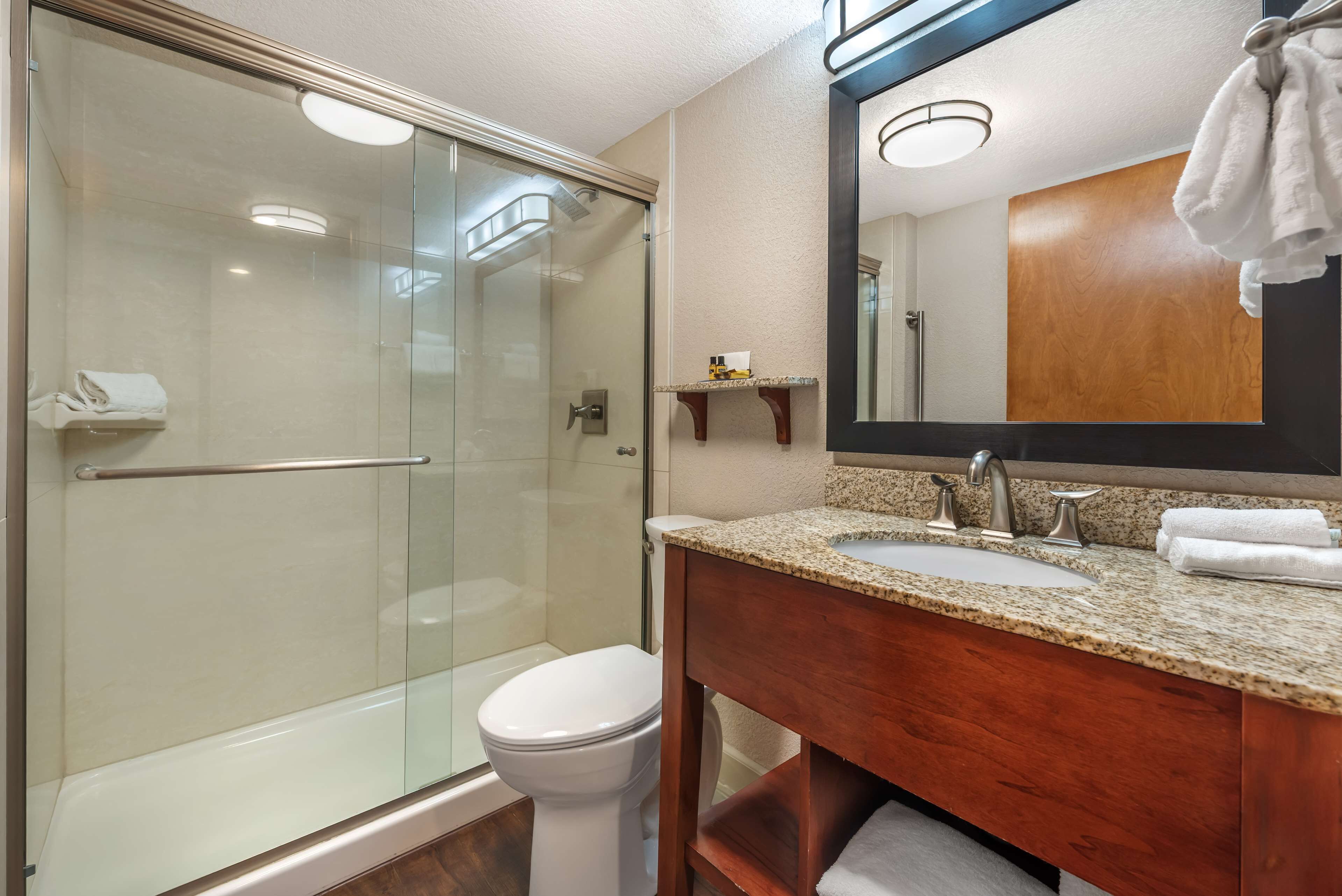 rainfall showerhead, free toiletries, hair dryer, towels