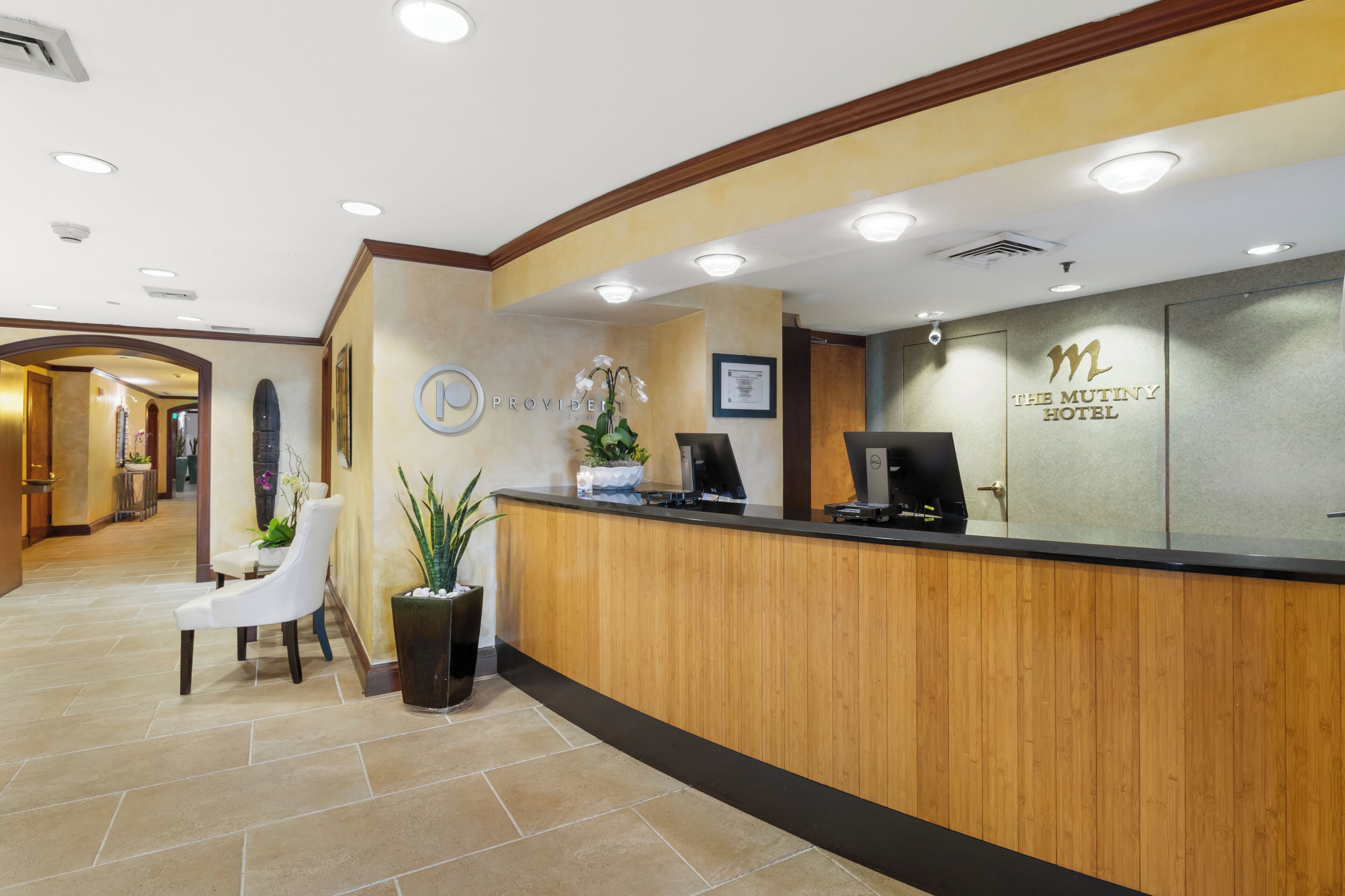 A reception desk with a wooden finish, a computer, and a potted plant.