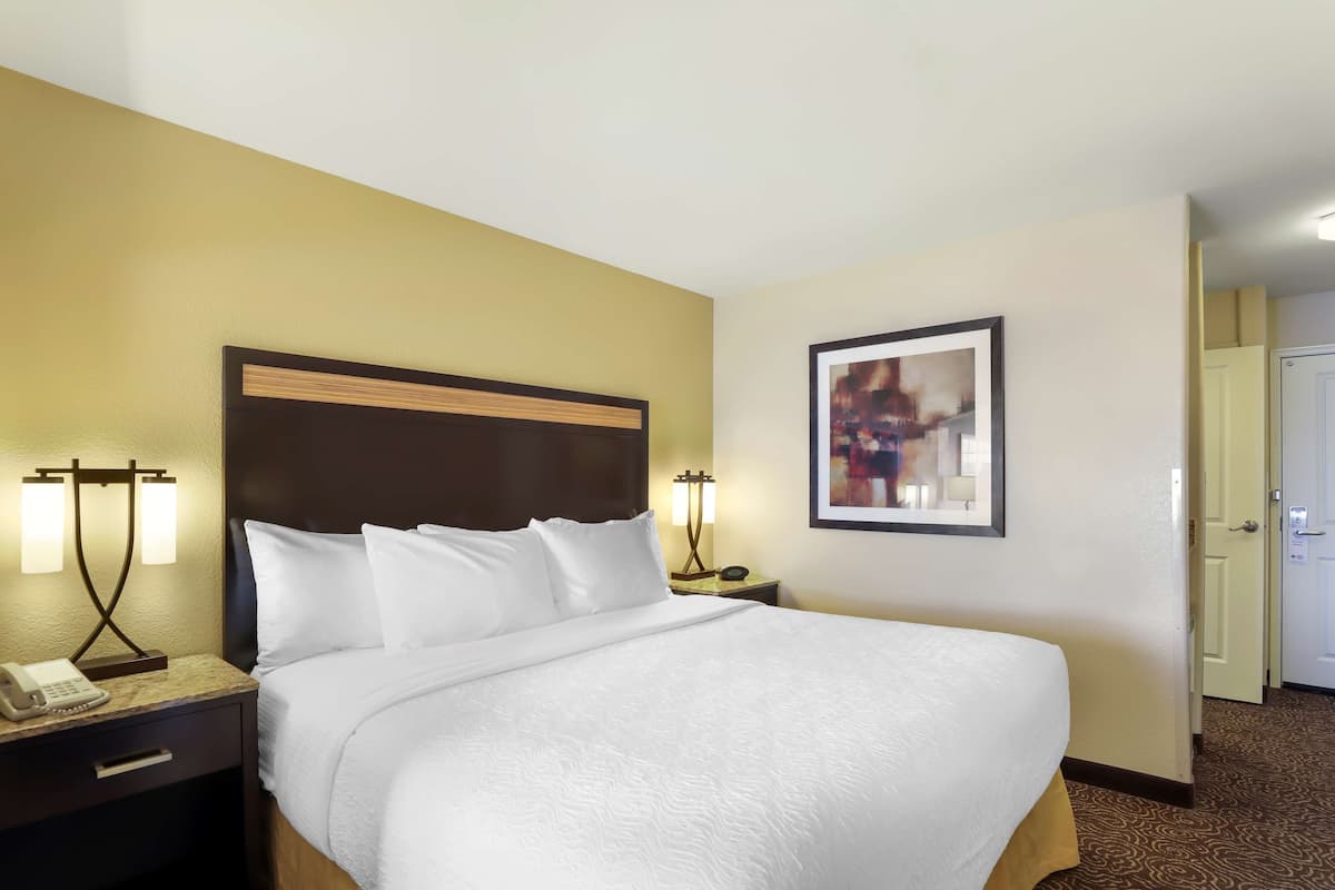 A hotel room with a large bed, bedside lamps, a telephone, and a framed picture on the wall.