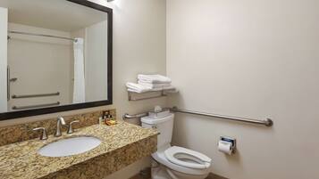 A bathroom with a granite countertop sink, a mirror, a toilet, and a handrail.