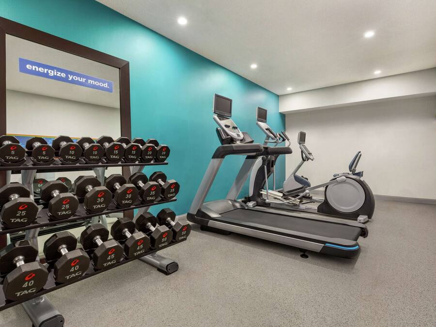 Een sportschool met gewichten, loopbanden en een crosstrainer.