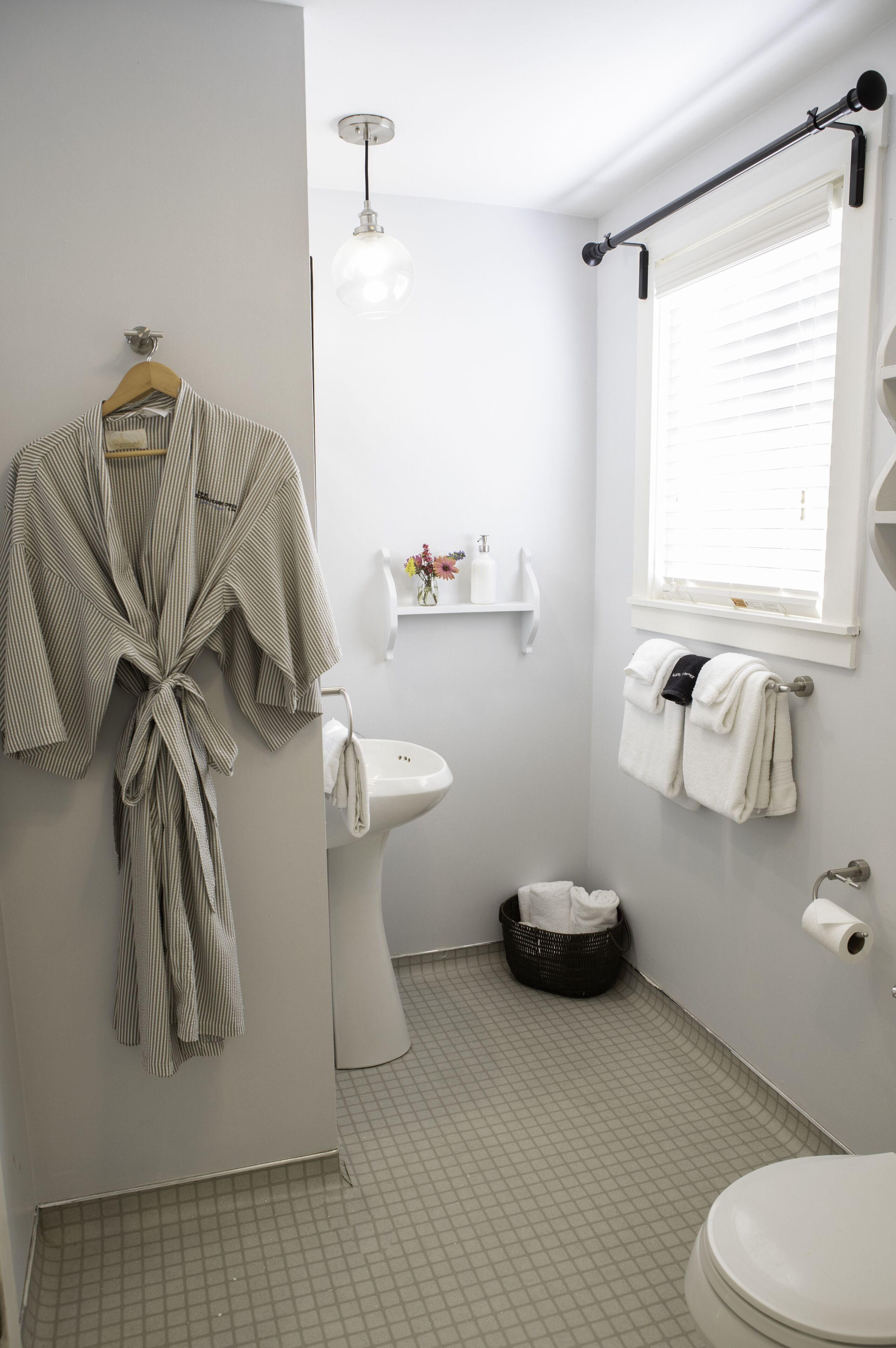 Une salle de bain avec des toilettes, un lavabo et un peignoir accroché au mur.