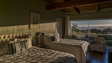 A bedroom with two beds, a large window, and a view of the outdoors.