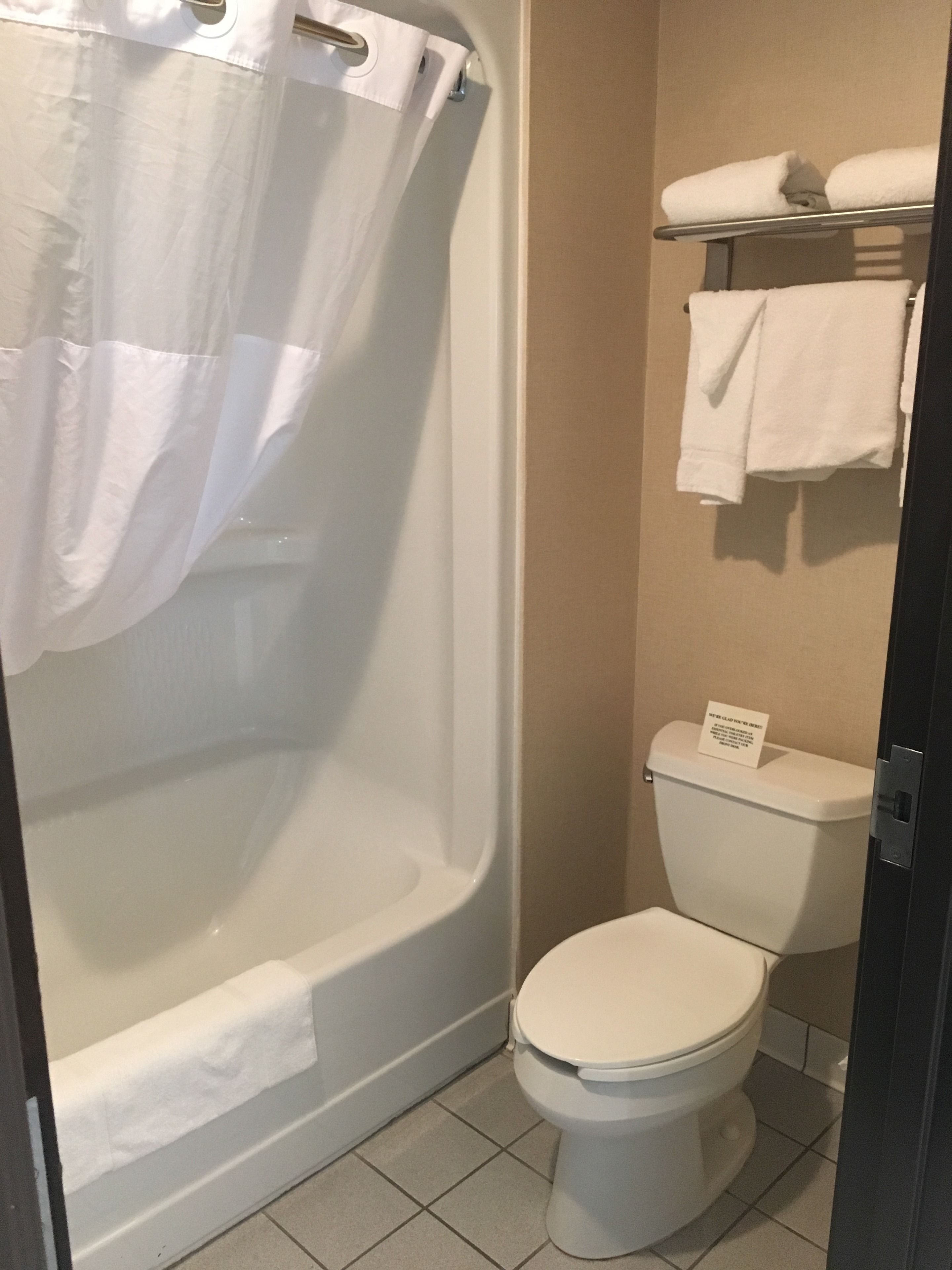 Een badkamer met een bad, toilet en een handdoekhouder.