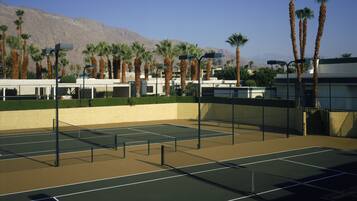 An outdoor tennis court with a net, surrounded by palm trees and a mountain in the background.