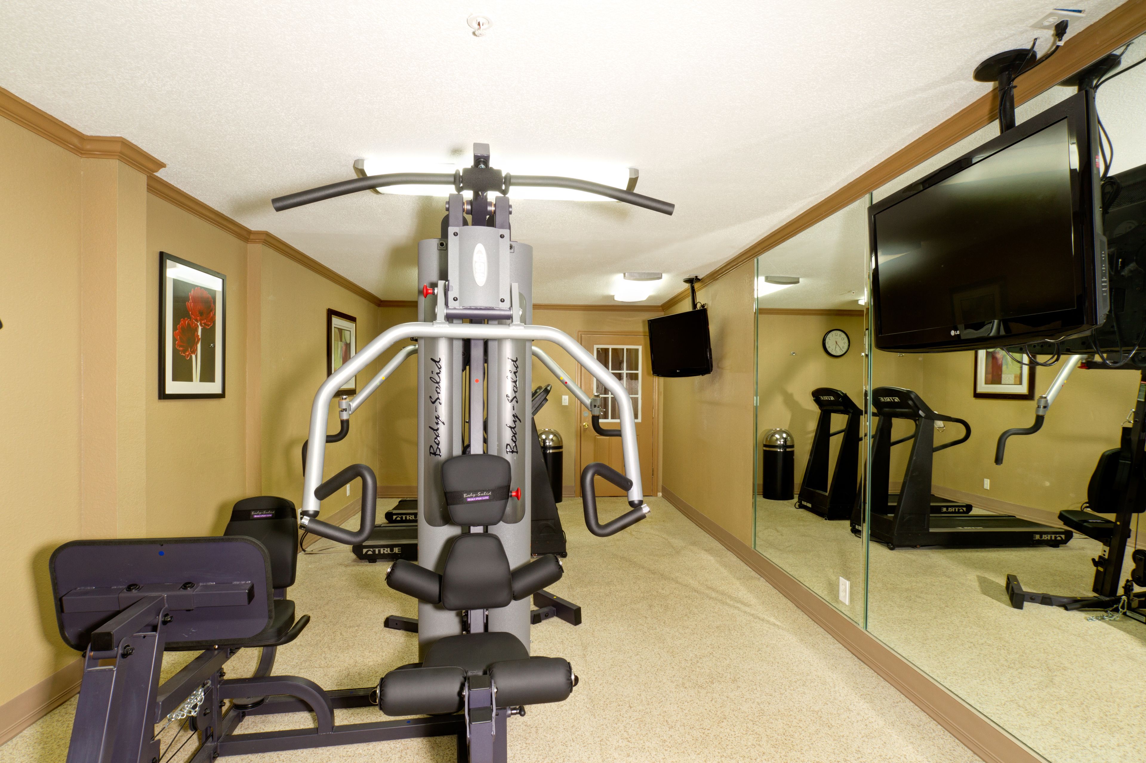 A gym with various exercise equipment, a large mirror, and a television on the wall.