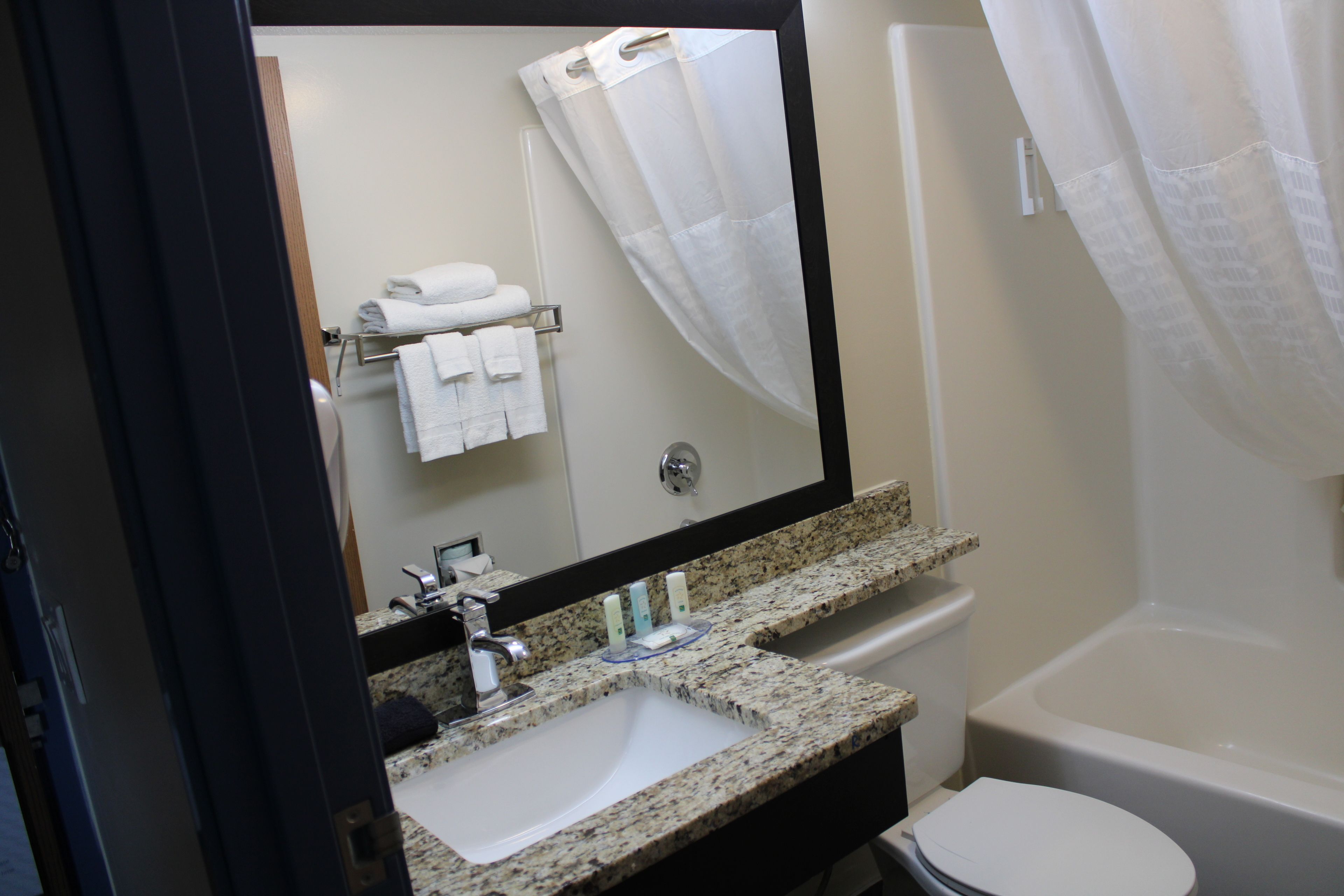 combined shower/bathtub, free toiletries, hair dryer, towels