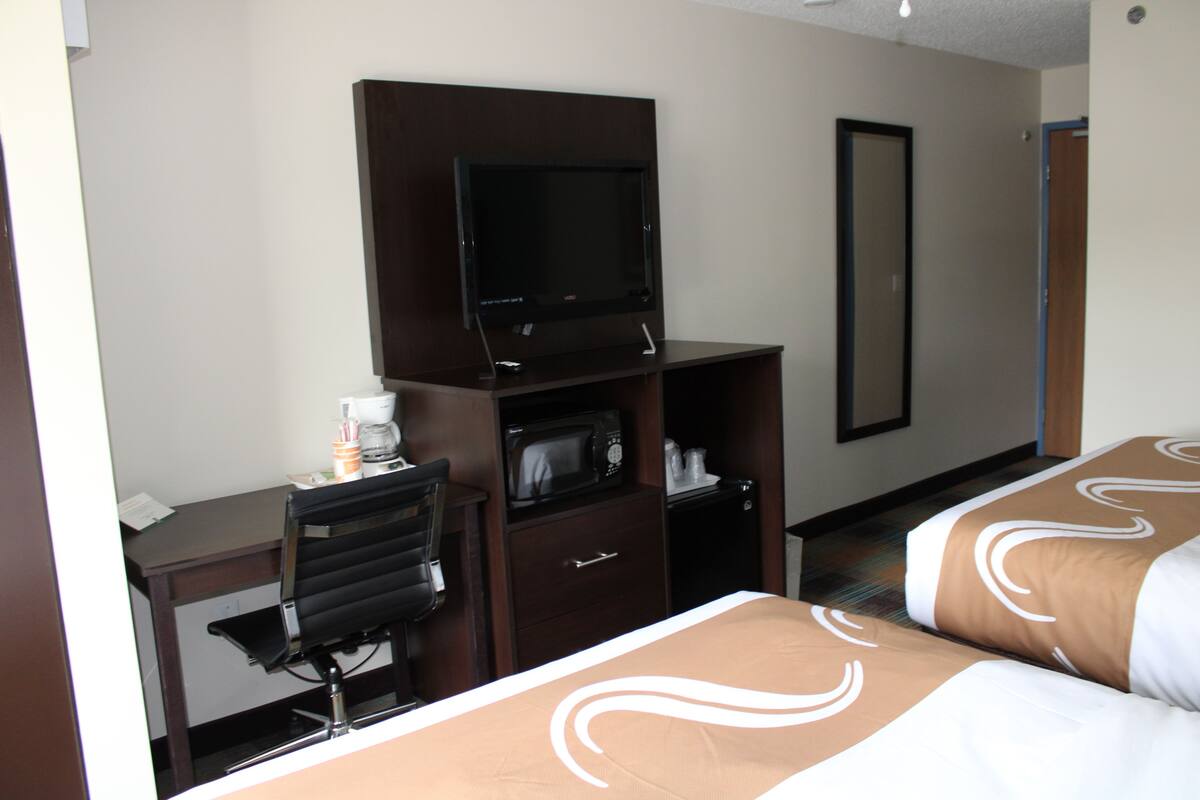 A hotel room with a desk, a television, a microwave, a mirror, and two beds with patterned bedding.