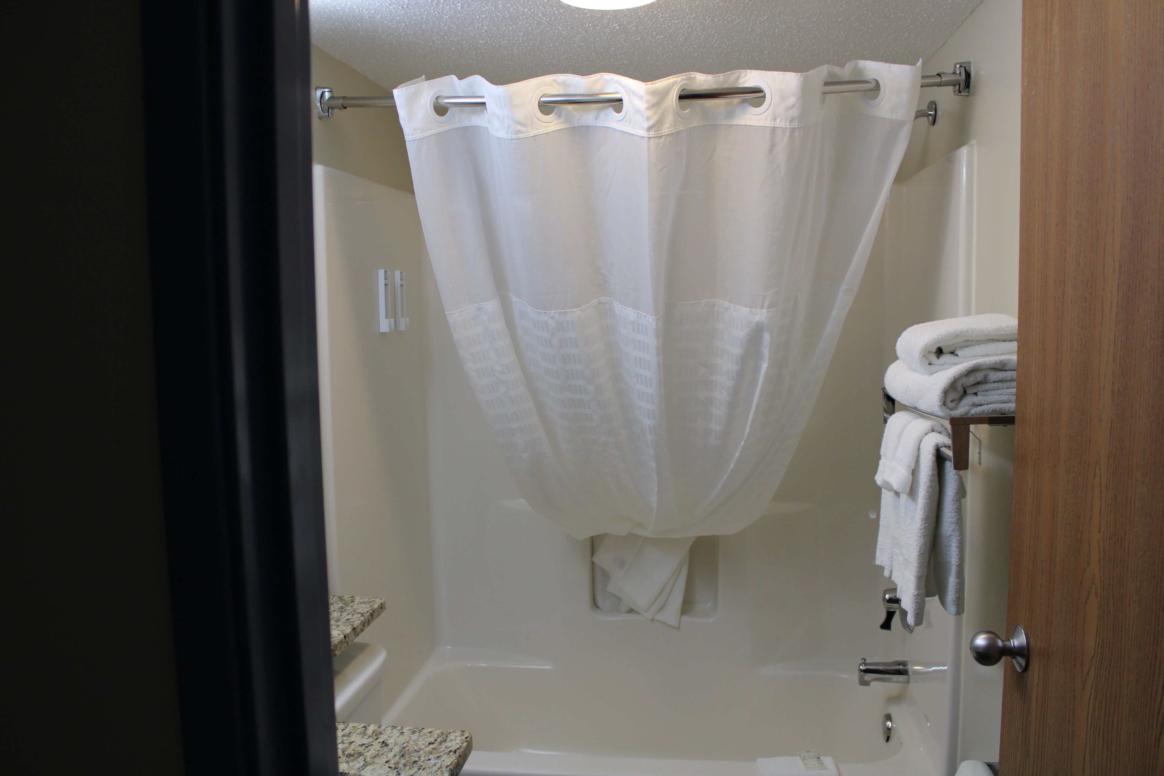 combined shower/bathtub, free toiletries, hair dryer, towels