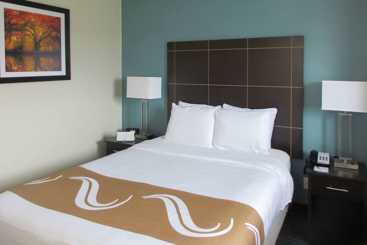 A hotel room with a large bed, two bedside tables, a nightstand, a wall-mounted telephone, and a framed picture on the wall.