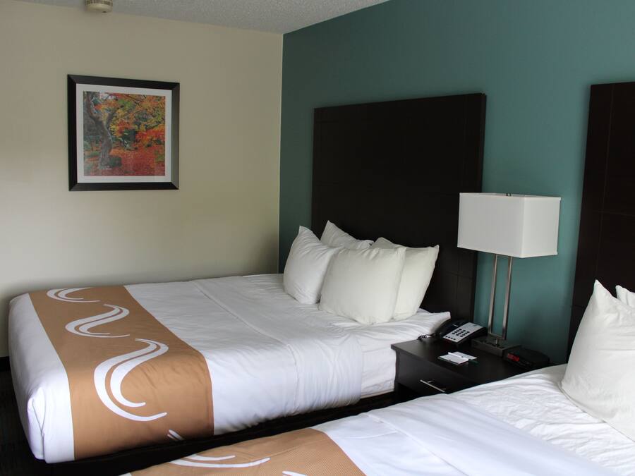 A hotel room with two beds, a nightstand with a lamp, a phone, and a framed picture on the wall.