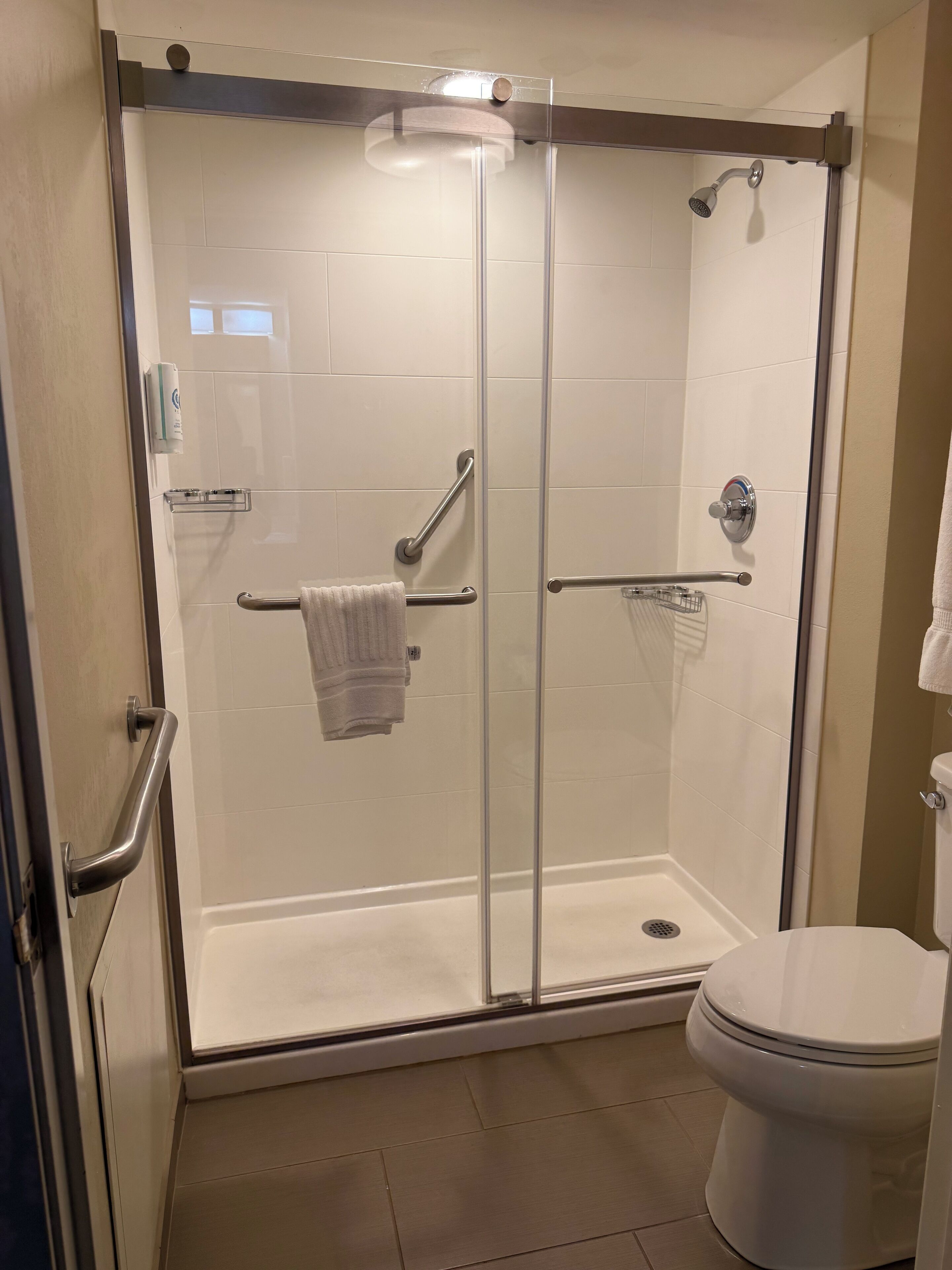 Eine Duschkabine mit Glaswänden, eine Toilette und Haltestangen.