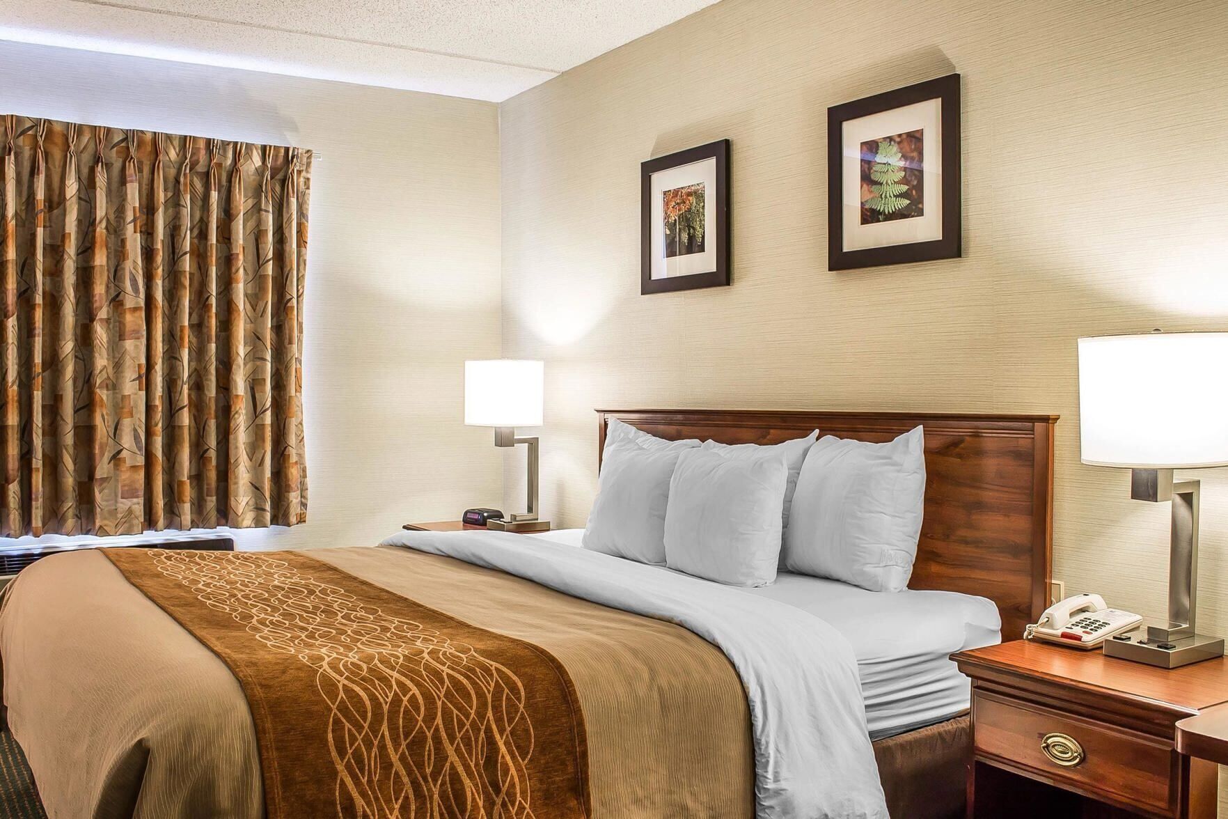 Premium bedding, desk, blackout drapes, iron/ironing board