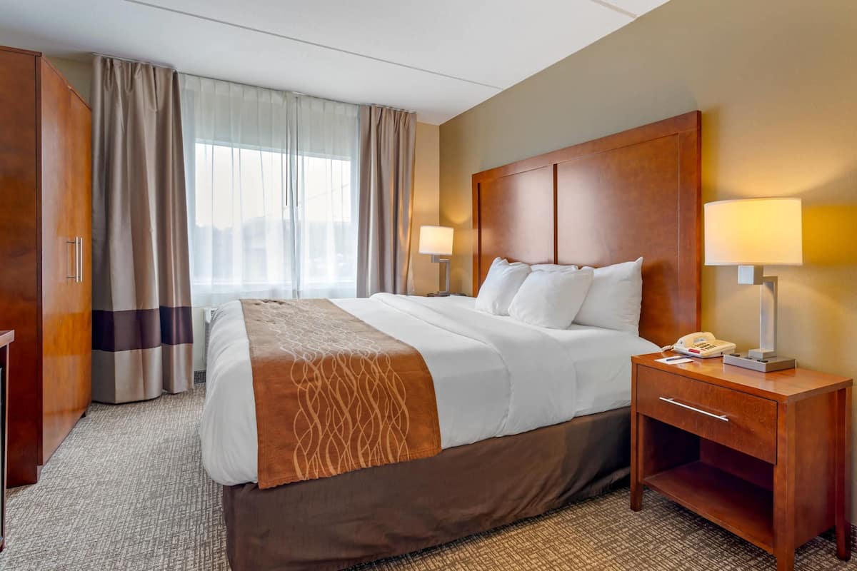 A hotel room with a large bed, two bedside lamps, a wooden nightstand, and a view of the city through large windows.