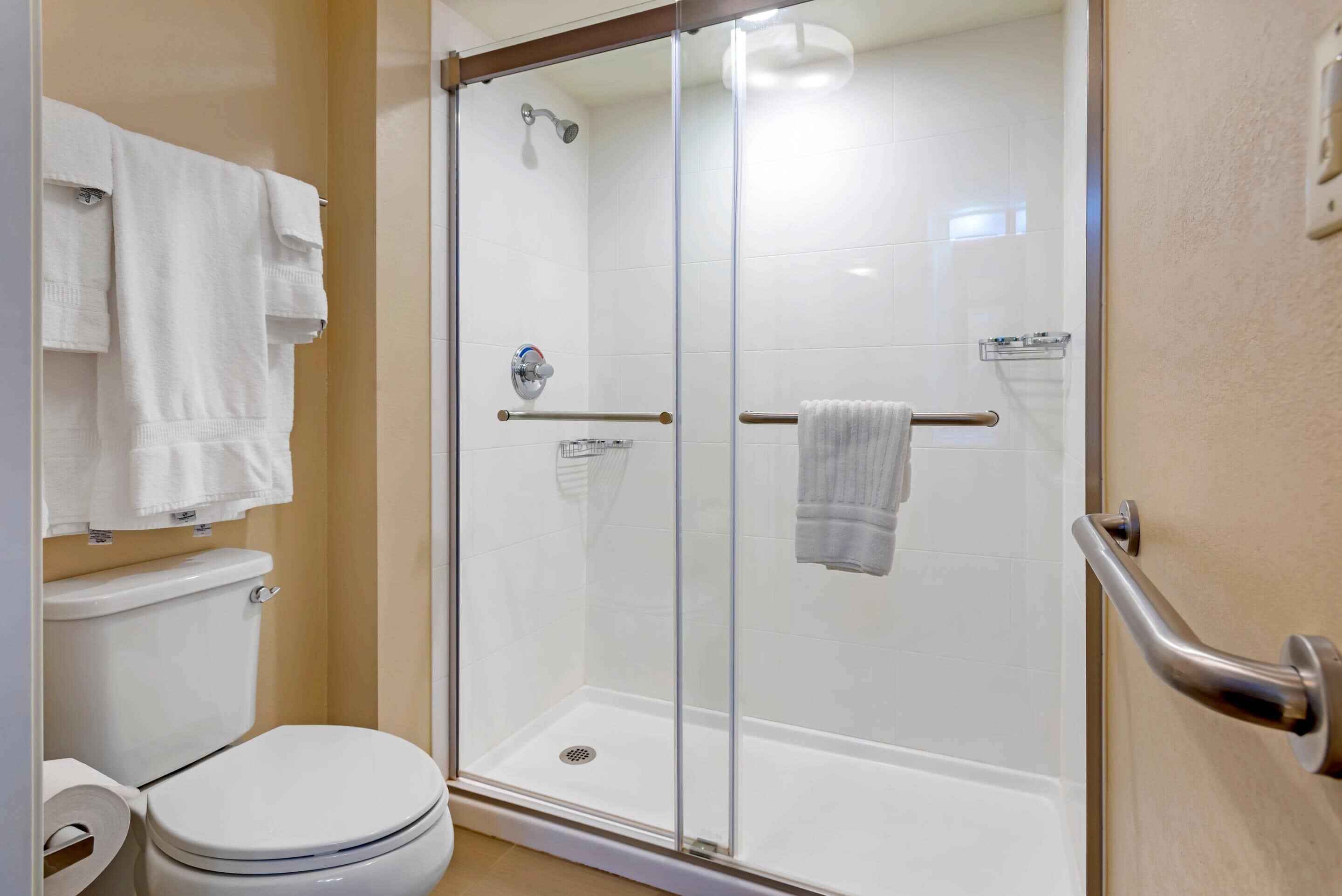 A modern bathroom with a glass-enclosed shower, a toilet, and a towel rack.