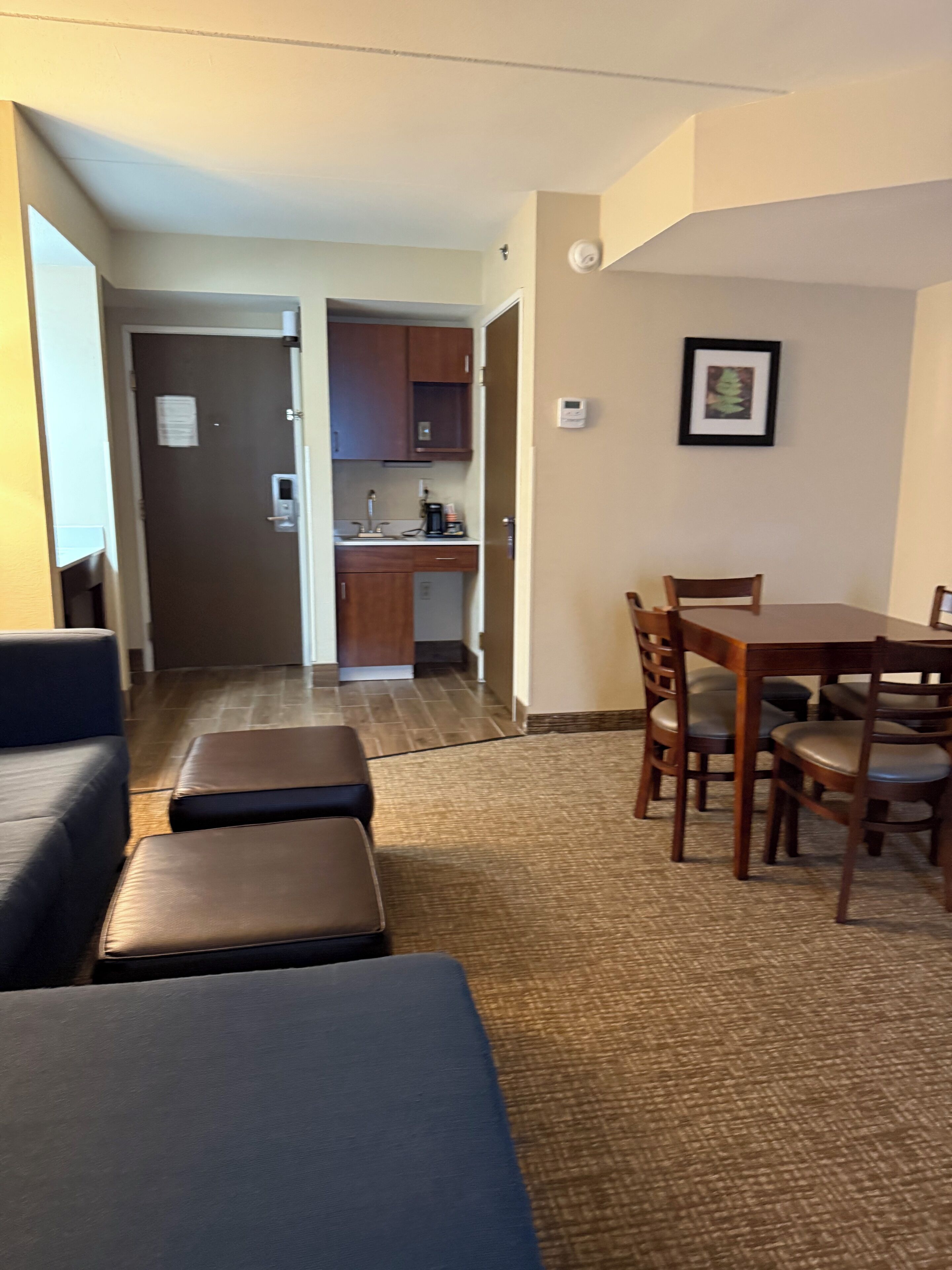Une chambre d’hôtel comprenant un coin salon, une kitchenette et un coin repas.