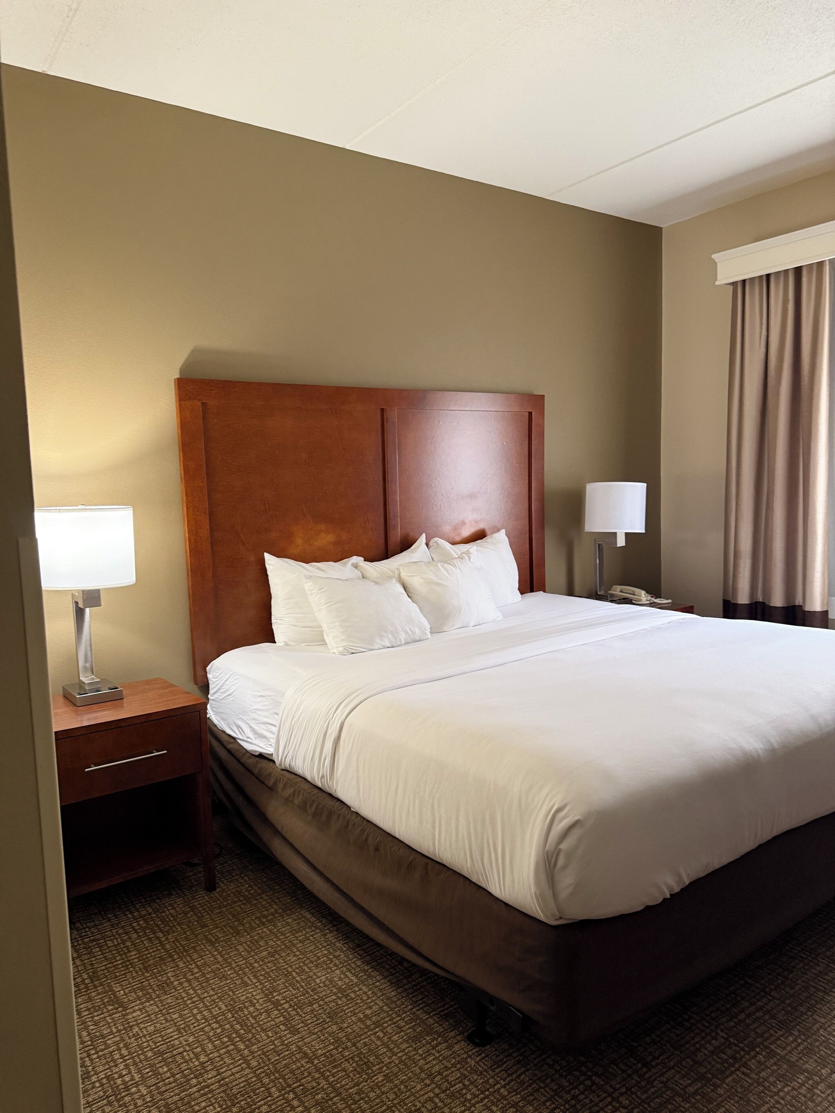 A hotel room with a large bed, a wooden headboard, a bedside lamp, a nightstand, and a carpeted floor.