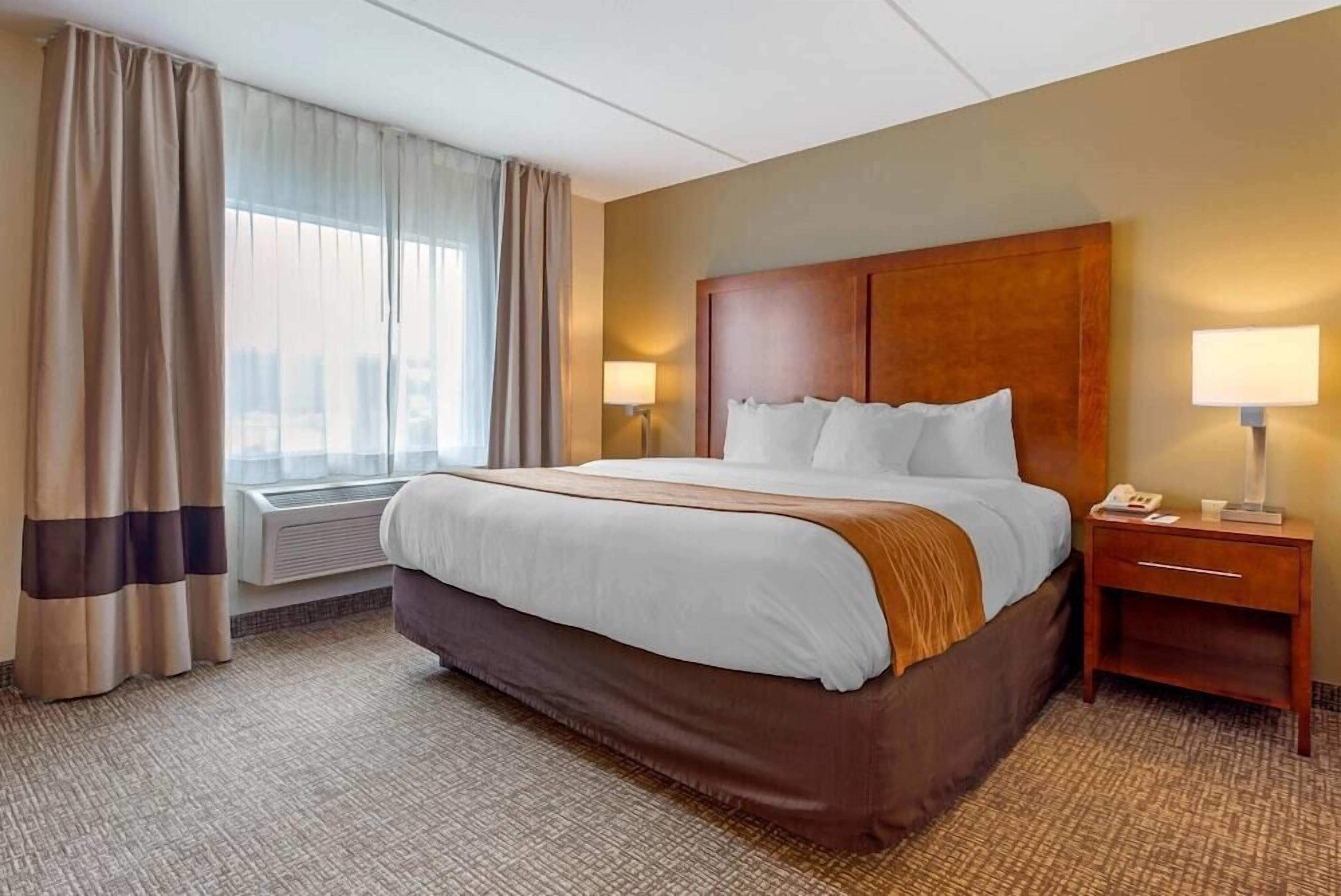 Premium bedding, desk, blackout drapes, iron/ironing board