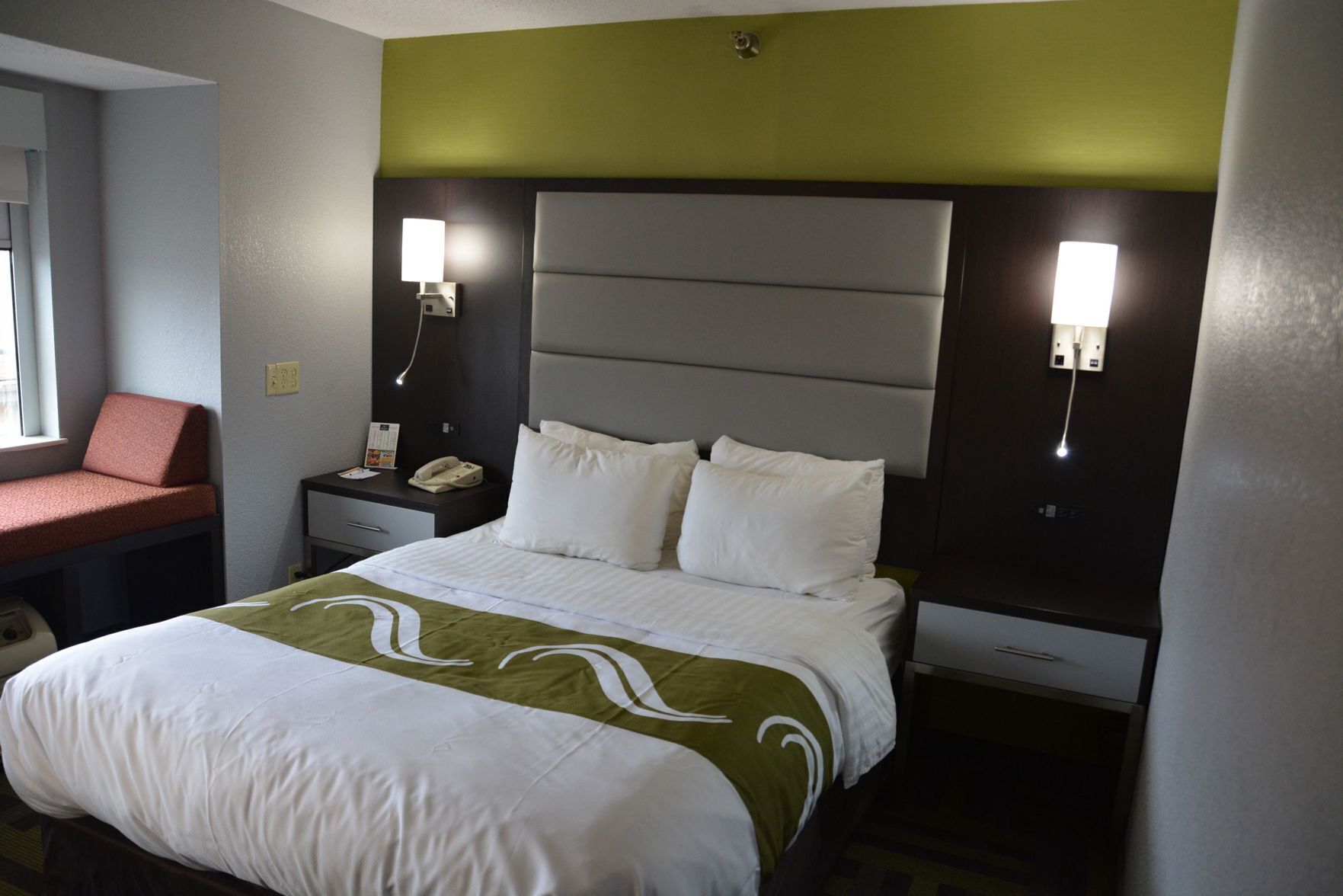 Desk, laptop workspace, blackout curtains, iron/ironing board