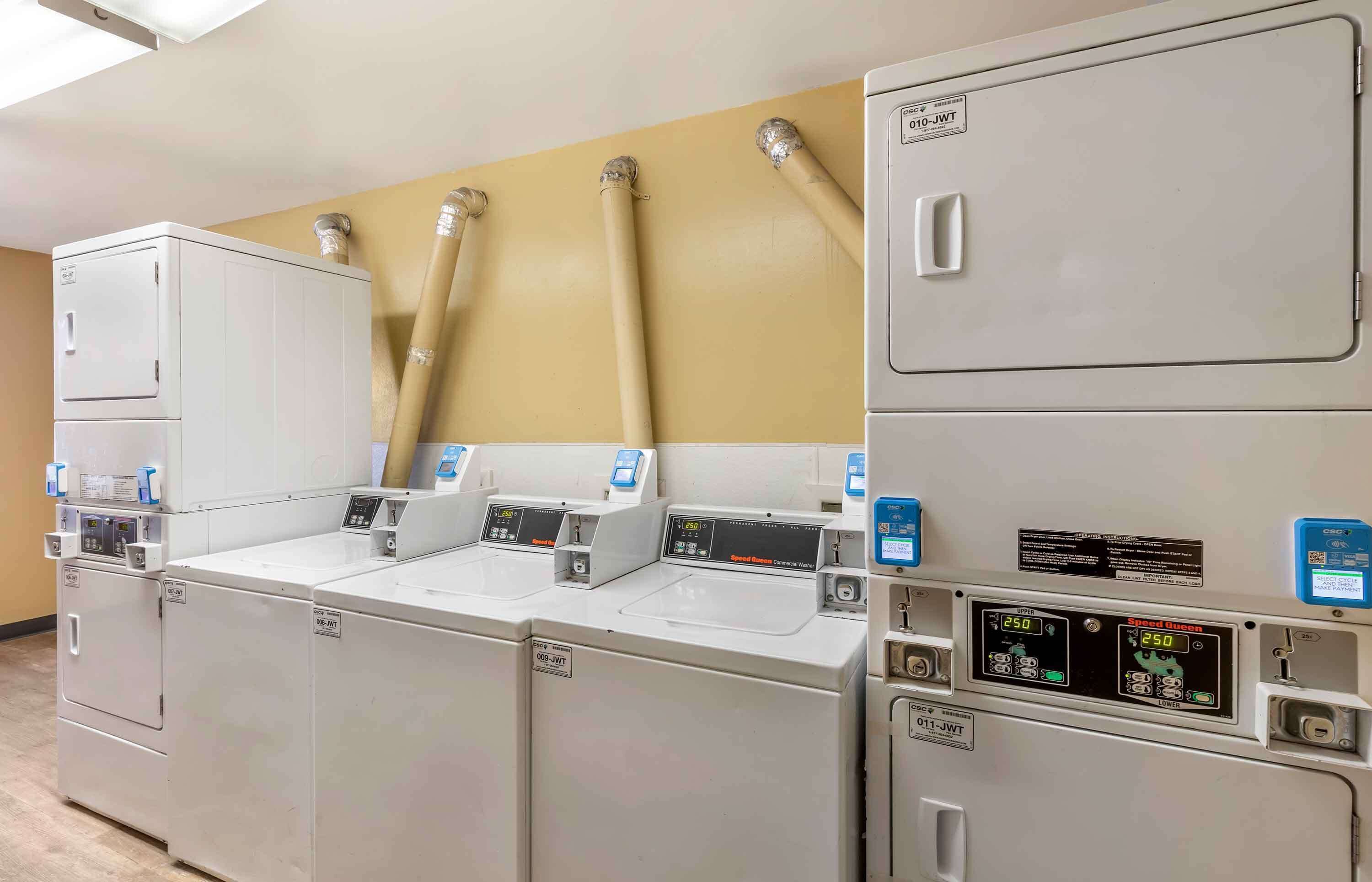 A row of commercial laundry machines with control panels and hoses.