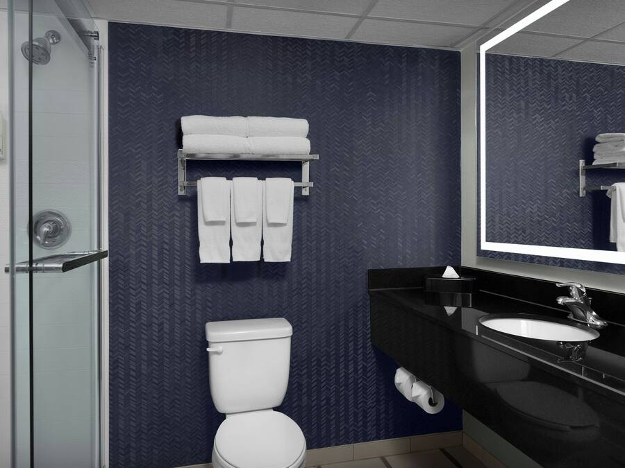 Un baño moderno con cabina de ducha de vidrio, inodoro blanco, lavabo negro y espejo sobre el lavabo.