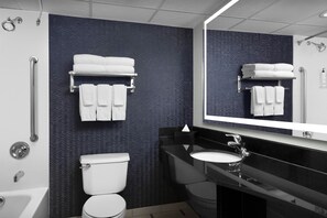 Eco-friendly toiletries, hair dryer, towels, soap