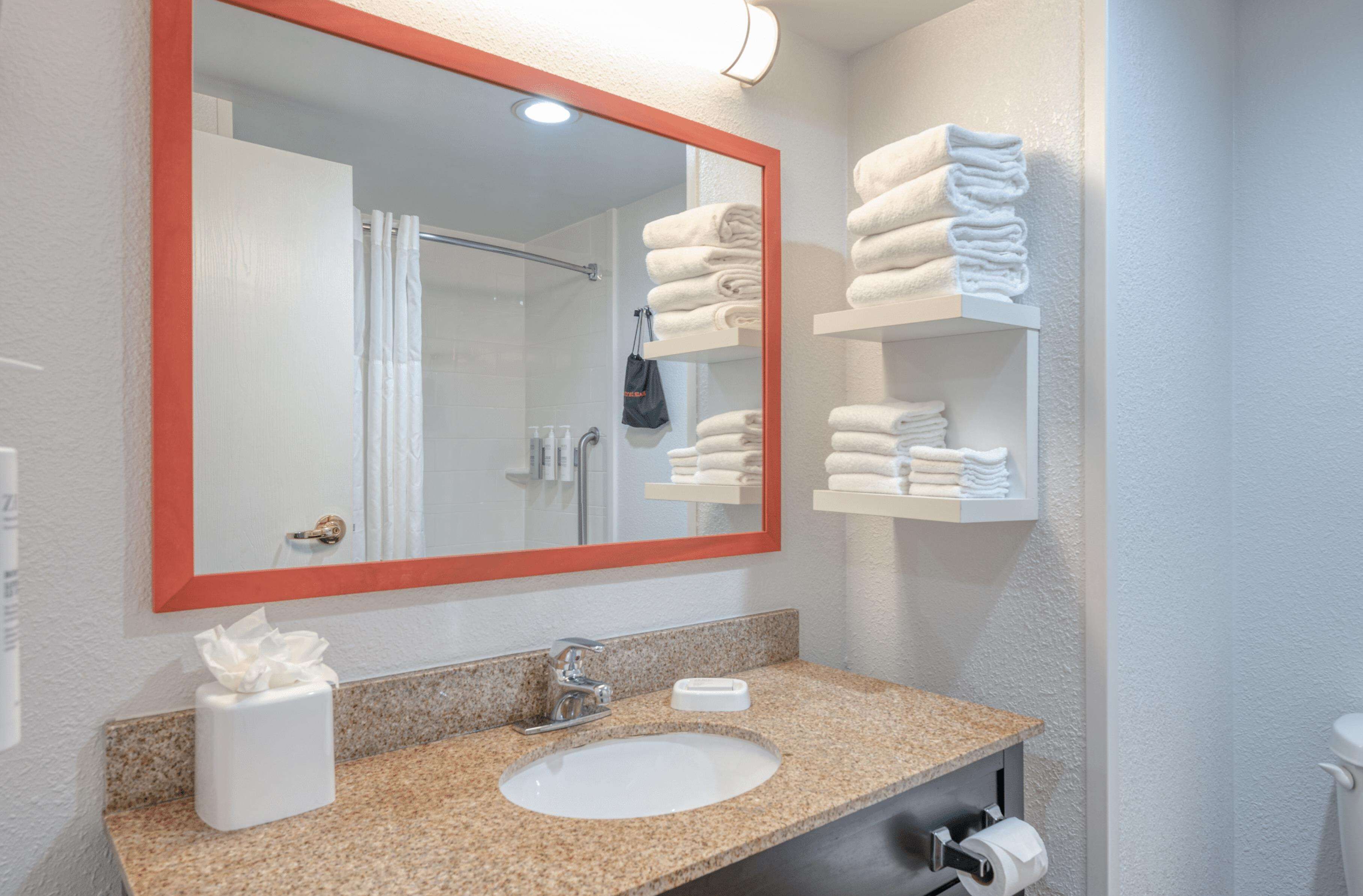 two queen beds non smoking | bathroom | free toiletries, hair dryer, towels, soap