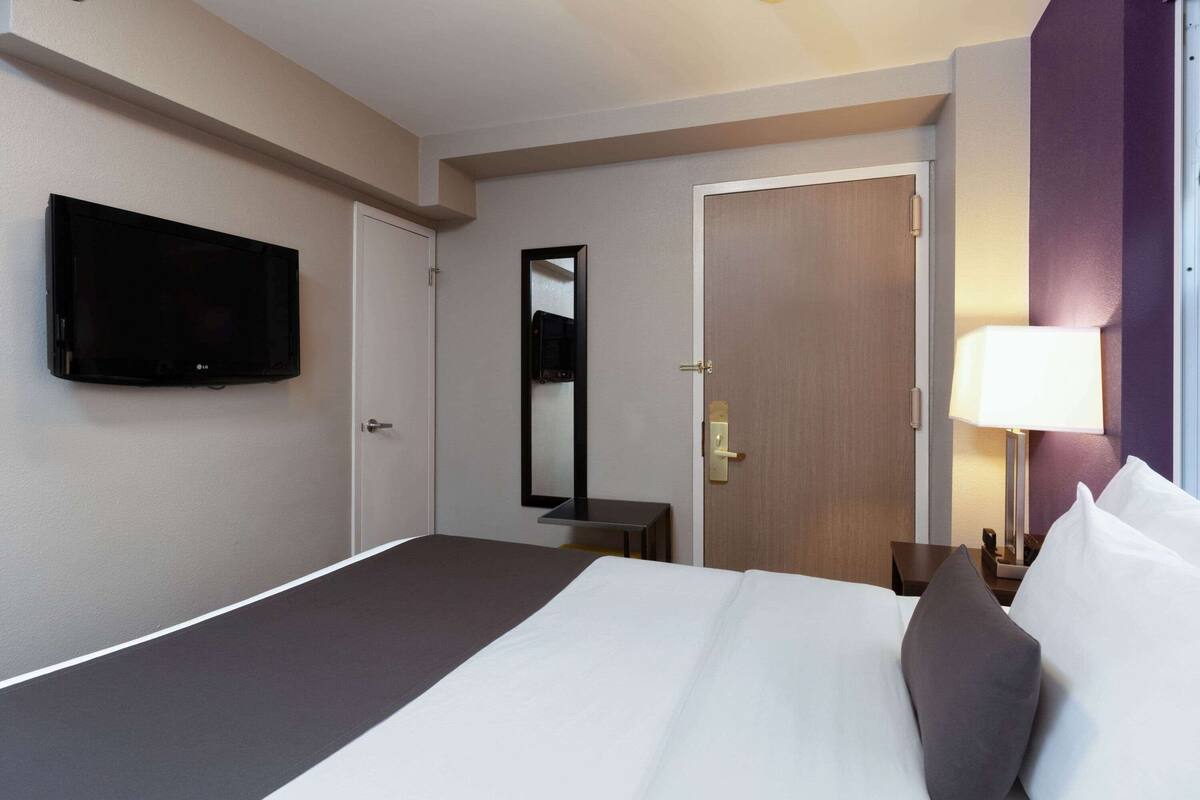 Une chambre d’hôtel avec un lit, une télévision, un miroir, une porte et une table de chevet avec une lampe.