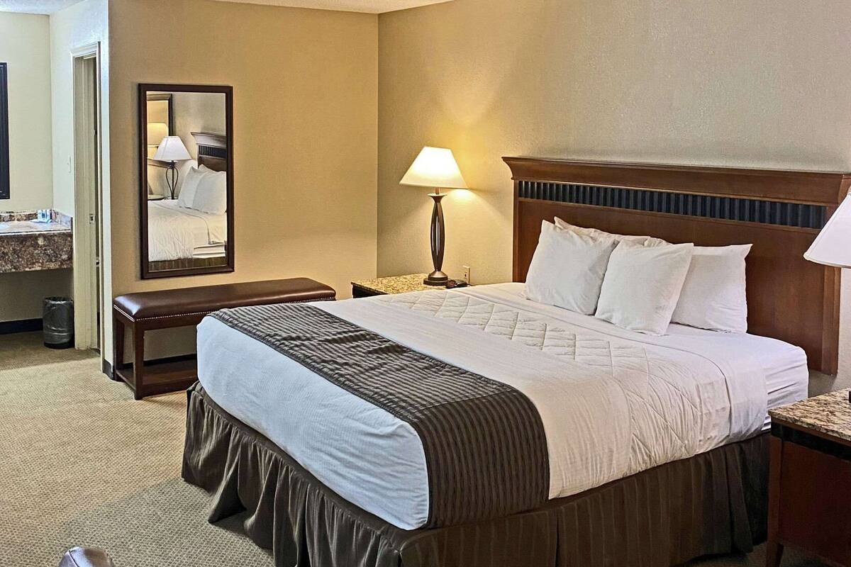 A hotel room with a large bed, a bedside table, a lamp, a mirror, and a view of the outside.