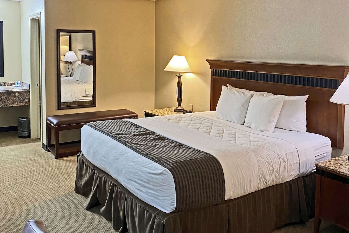 A hotel room with a large bed, a bedside table with a lamp, a mirror, and a small bench.