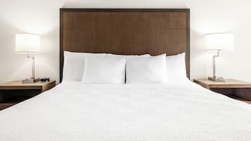 A hotel room with a large bed, two bedside tables, and two lamps.
