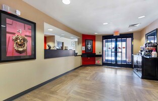 Zona de recepción de un hotel, con mostrador, pared roja y puerta de vidrio hacia la salida.