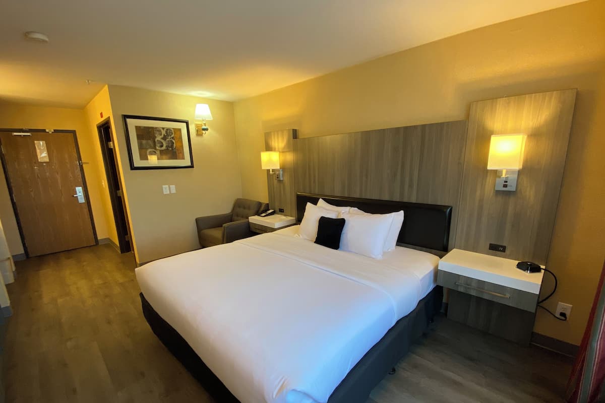 Premium bedding, desk, laptop workspace, blackout curtains