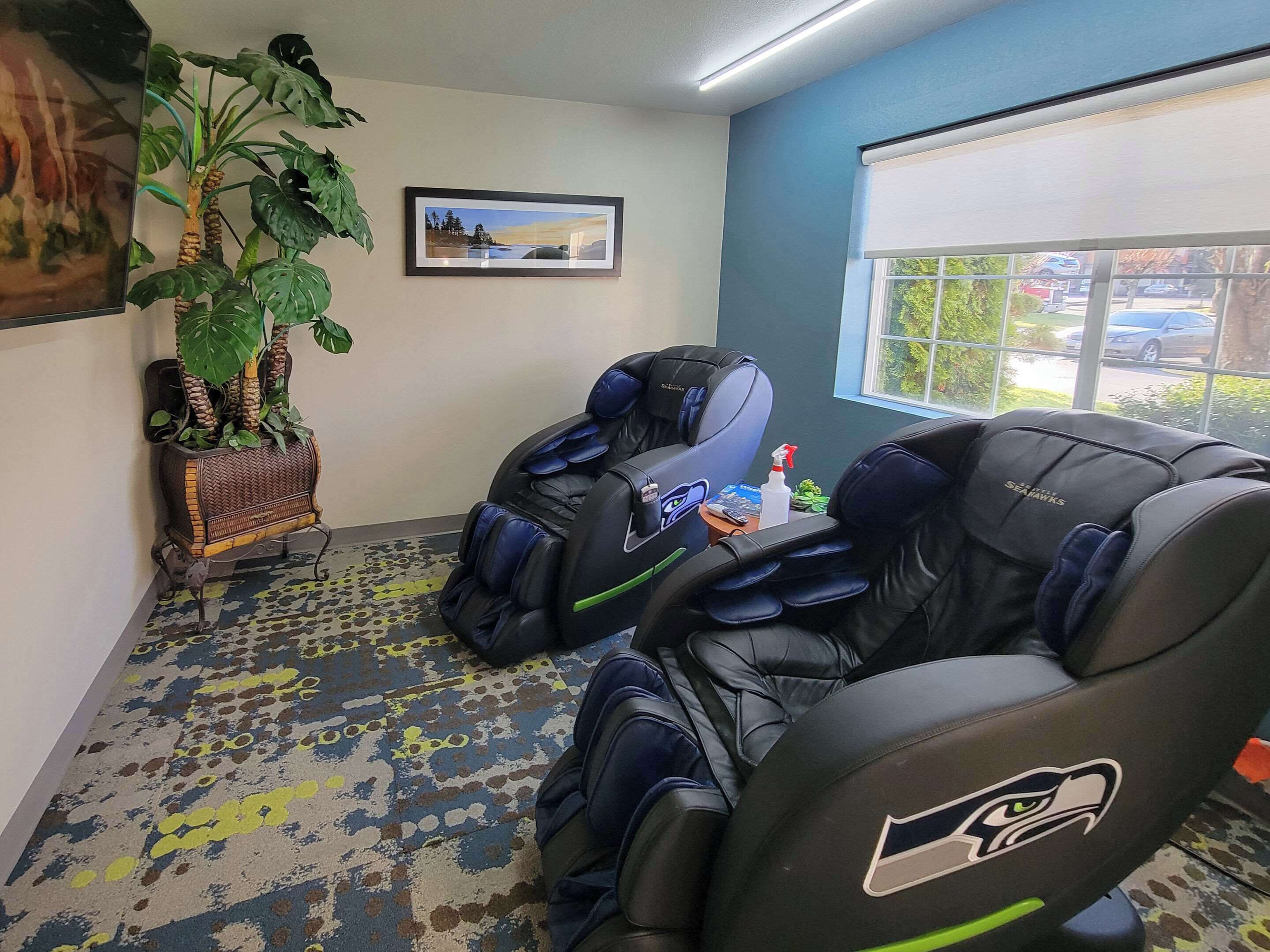 Una habitación con dos sillones de masaje, una planta grande en maceta, un cuadro en la pared y un ventanal con vistas al exterior.