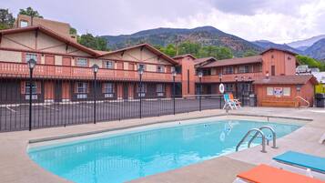 Seasonal outdoor pool, sun loungers