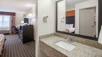 Una habitación de hotel con cama, escritorio, espejo, lavamanos y secador de pelo.