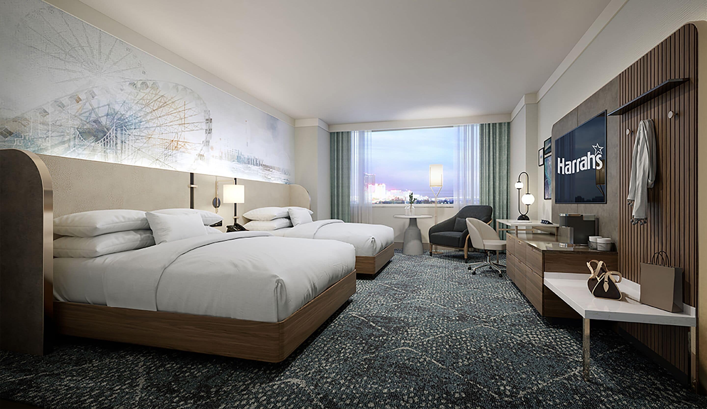 A hotel room with two beds, a desk, a chair, a TV, and a large window with a view.