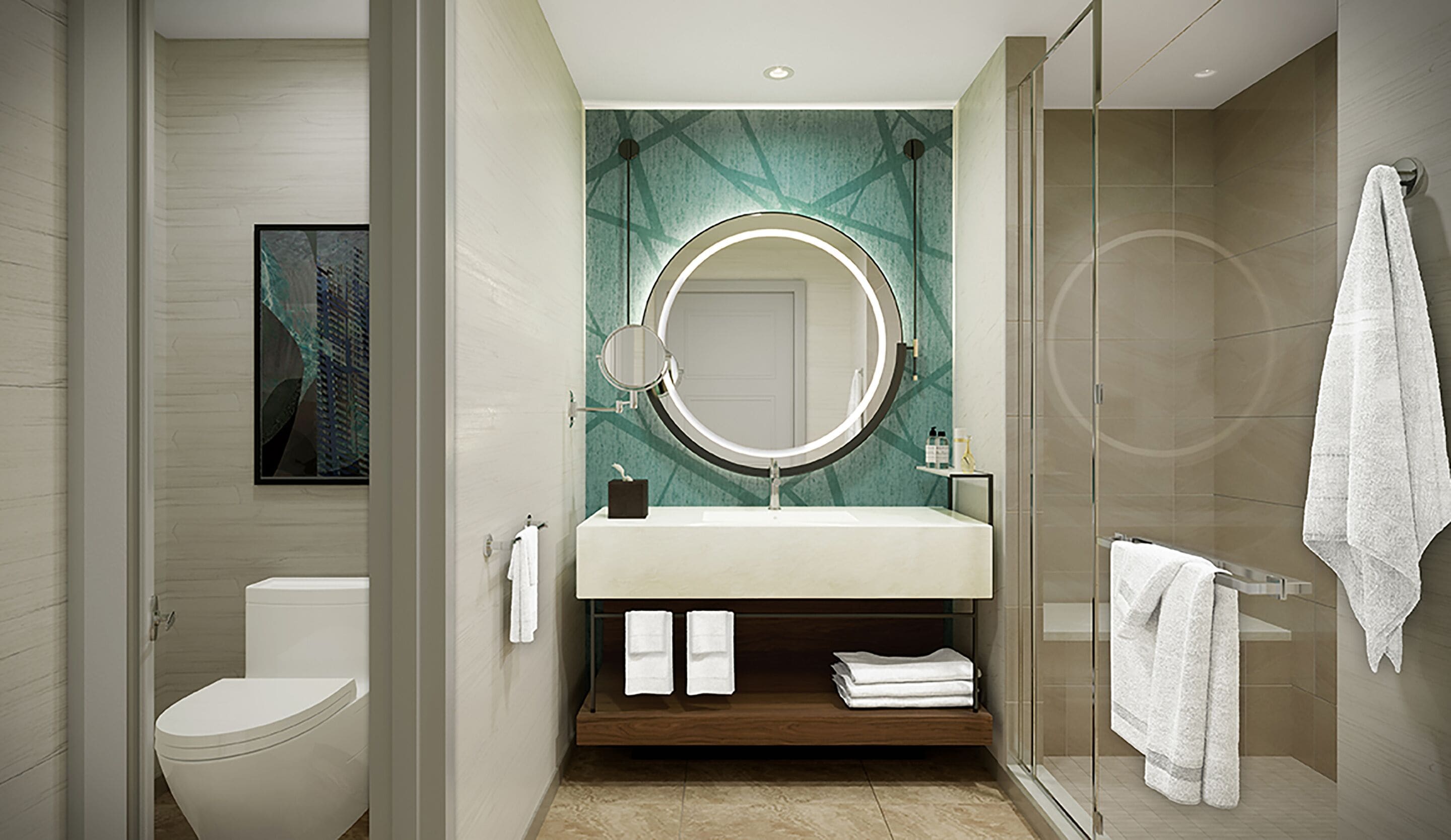A modern bathroom with a toilet, sink, and shower.