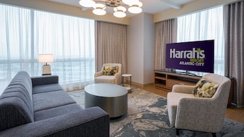 Newly Renovated Waterfront Tower East Suite, 1 King Bed, Non-Smoking | Living area | 42-inch flat-screen TV with cable channels, TV, pay movies at Harrahs Resort Atlantic City