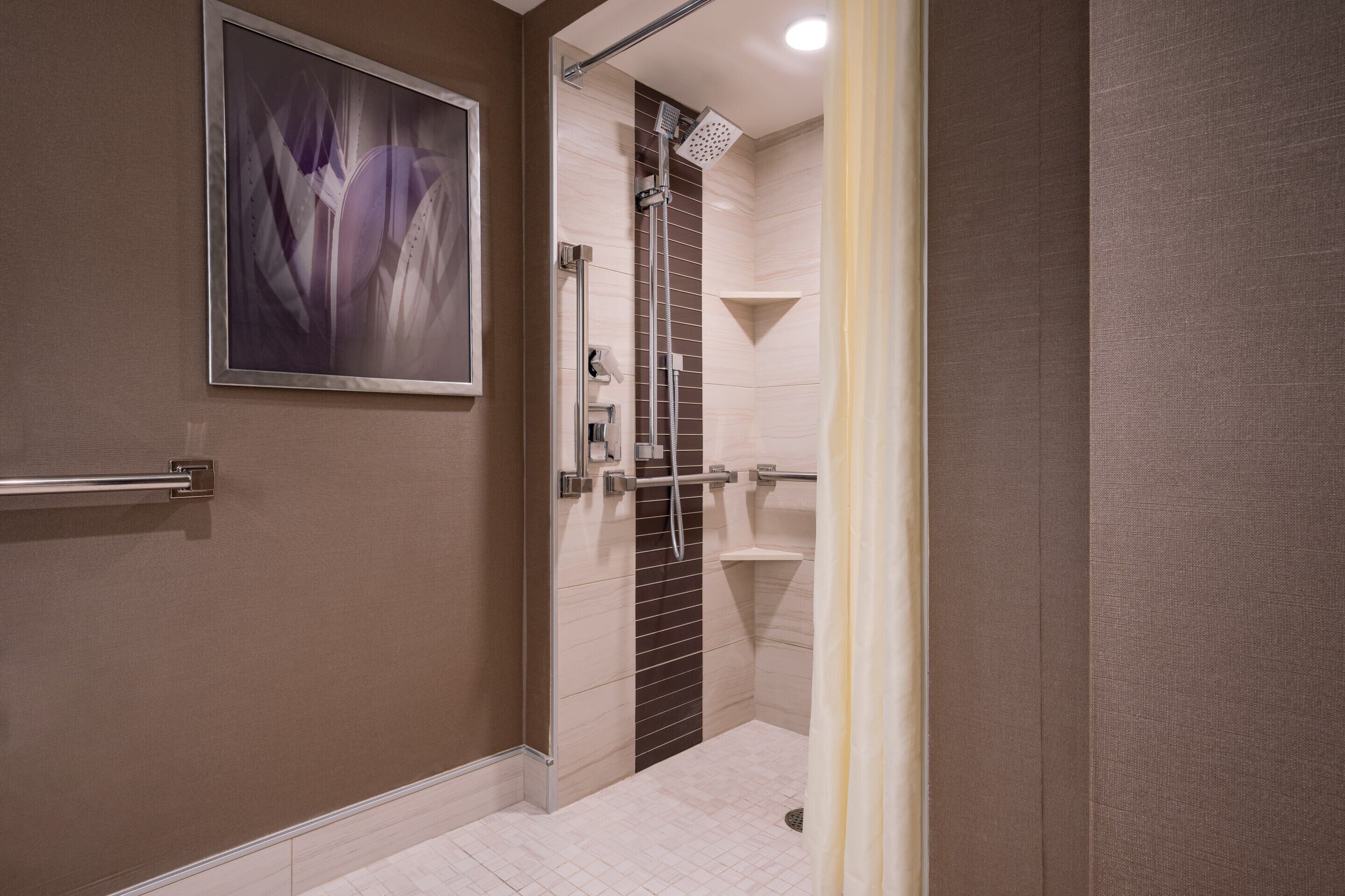 A modern bathroom with a shower, a handrail, and a framed artwork on the wall.