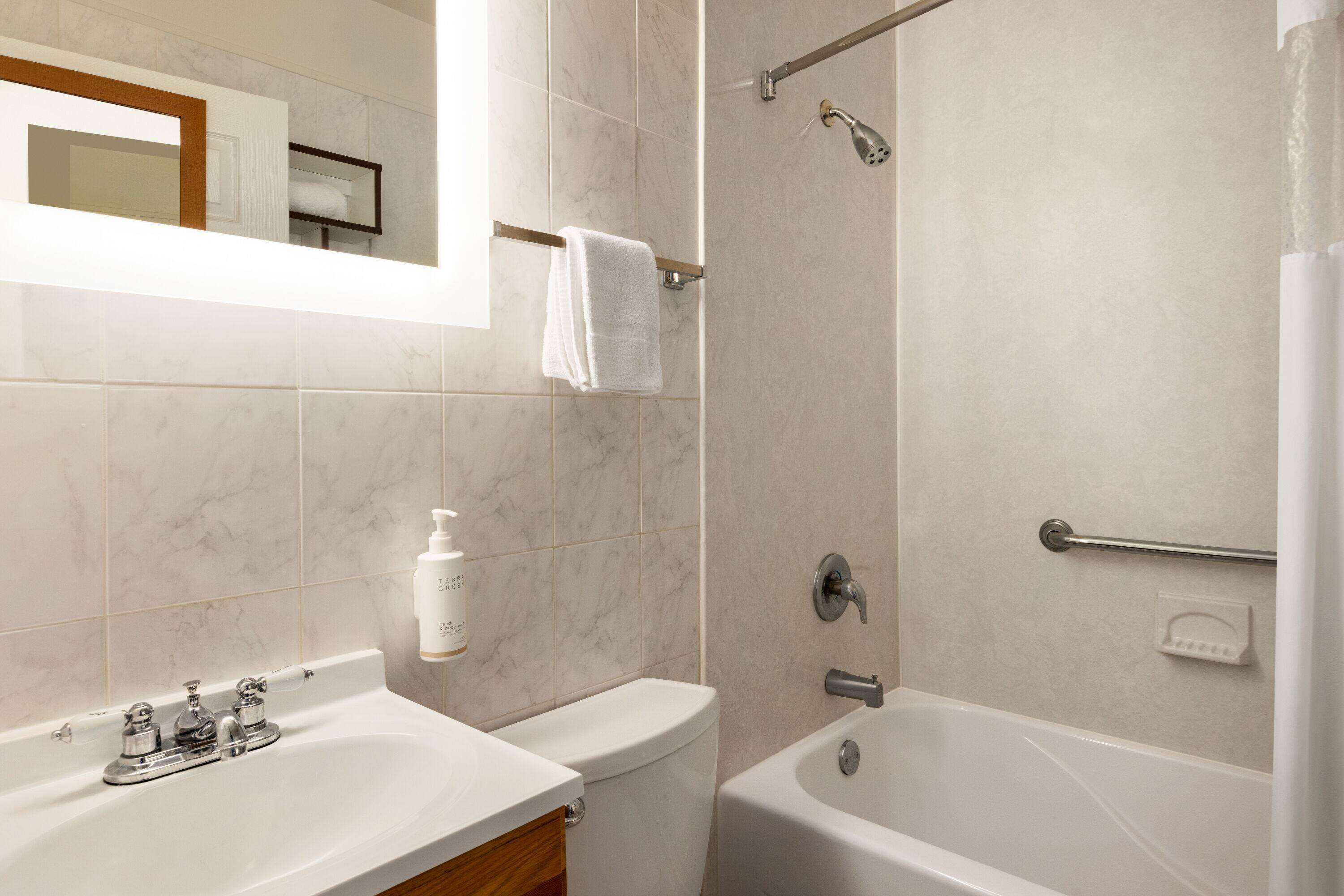 Une salle de bain moderne avec un lavabo, des toilettes et une baignoire.