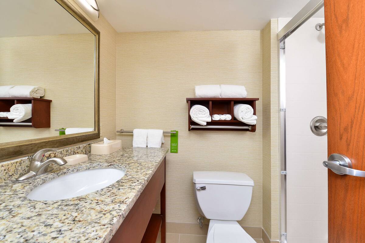A bathroom with a granite sink, a toilet, a shower, and towel storage.