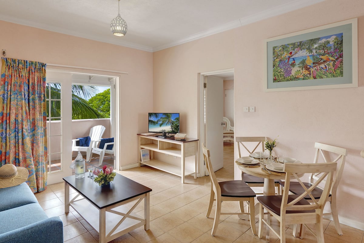 A living room with a TV, a dining table, and chairs. There is a window with curtains and a view of greenery outside.