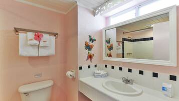 Une salle de bain avec des toilettes, un lavabo et un miroir. Des serviettes sont suspendues sur un porte-serviettes et des autocollants décoratifs en forme de papillons ornent le mur.
