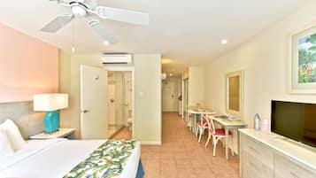 Habitación de hotel con cama, escritorio, silla, televisor y ventilador de techo.