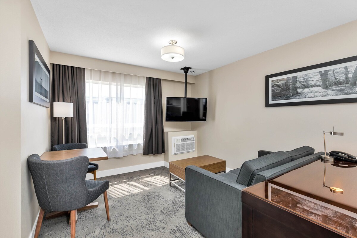 A modern hotel room with a sofa, a TV, a desk, and a window with curtains.