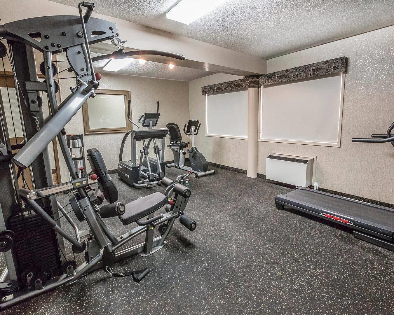 A gym with cardio machines, weight training equipment, and a treadmill.